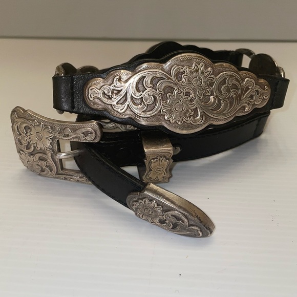 Western Silver Filigree and Black Leather Belt Made in 1995 - Picture 3 of 15